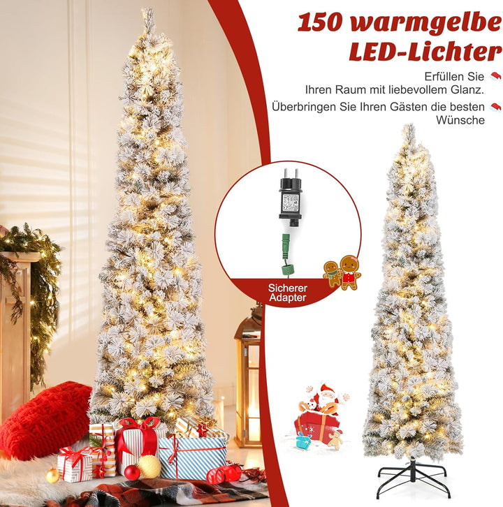COSTWAY 180 cm Bleistift Weihnachtsbaum mit Schnee, Tannenbaum künstlich mit Beleuchtung, 150 LEDs i