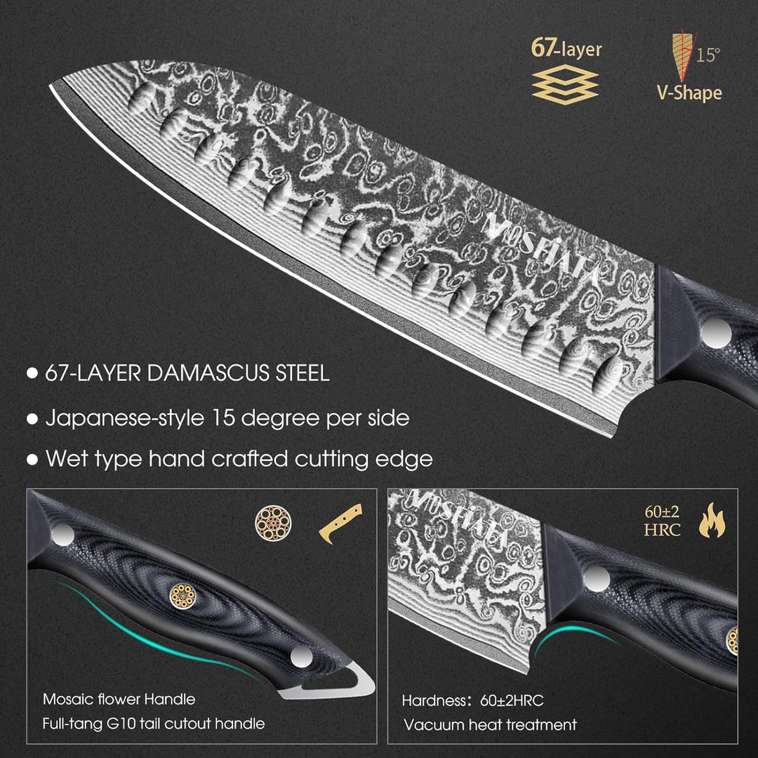 MOSFiATA Damast Santoku Messer 7 Zoll-Japanisches Küchenmesser aus Damaszener Stahl-Damastmesser mit