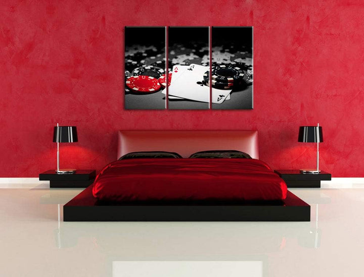 Spielkarten auf Pokertisch schwarz/weiss 3-Teiler Leinwandbild 120x80 Bild auf Leinwand, XXL riesige