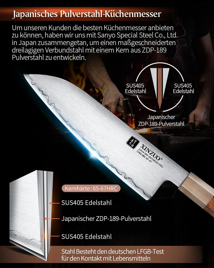 XINZUO 18.3cm Japanisches Santokumesser, Profi Küchenmesser Japanischer ZDP-189-Pulverstahl Chefmess