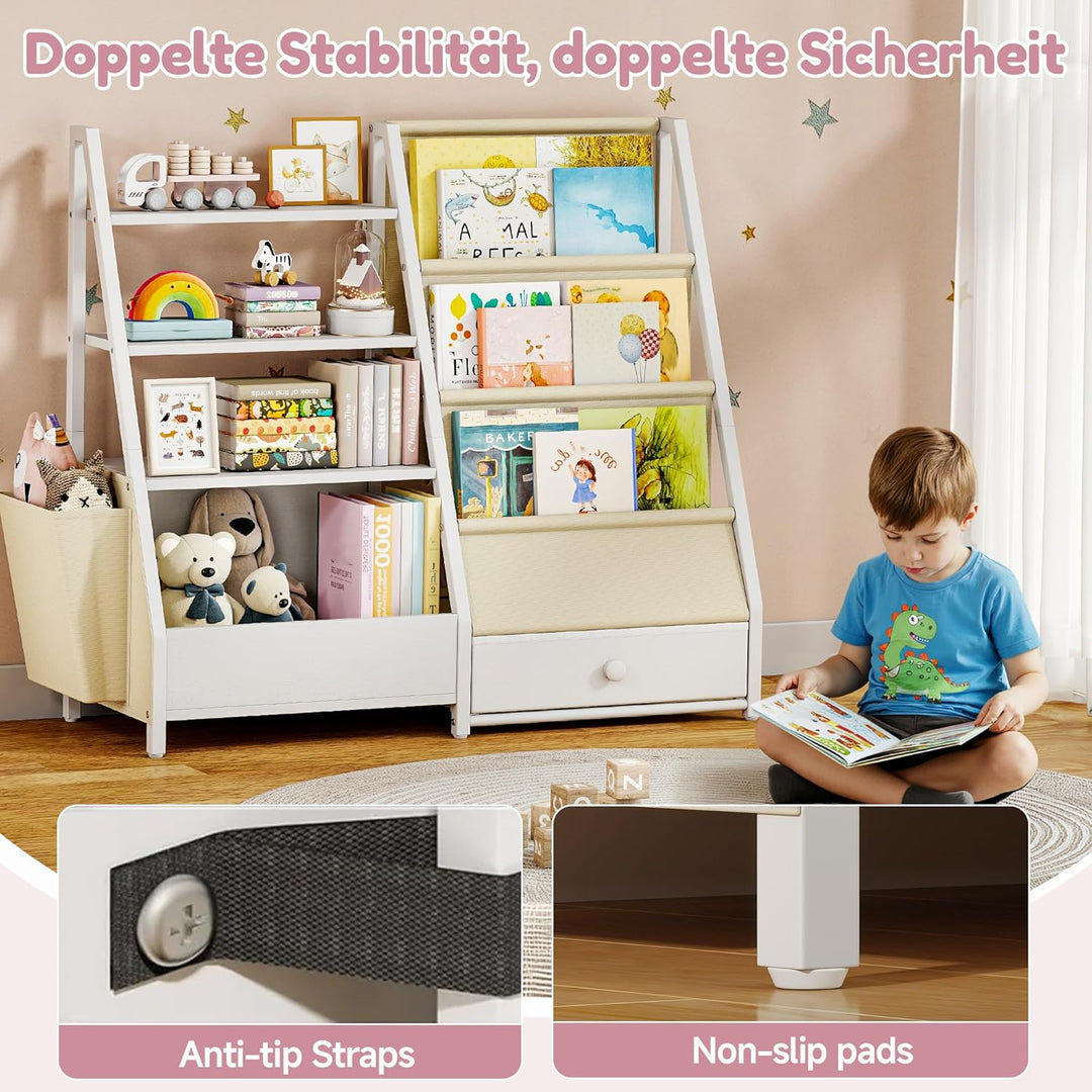 Quikraen Bücherregal Kinder, Kinderregal mit 4 Ablage und 3 Offenen Fächern, Montessori Bücherregal,