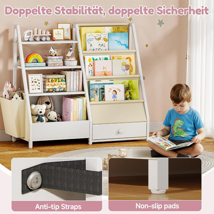 Quikraen Bücherregal Kinder, Kinderregal mit 4 Ablage und 3 Offenen Fächern, Montessori Bücherregal,