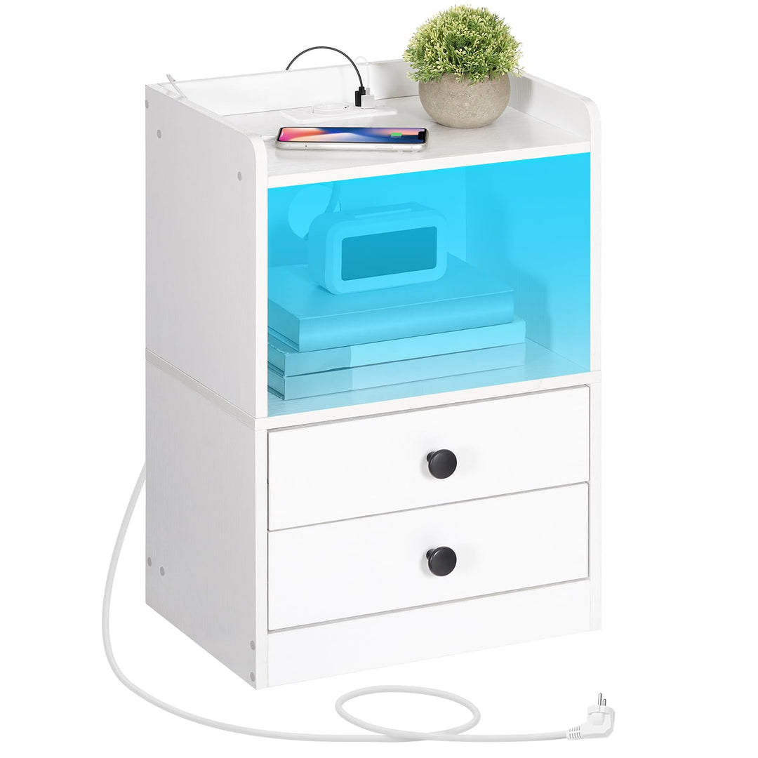 HOOBRO Nachttisch mit LED Streifen, Nachttisch mit Ladestation, Beistelltisch mit 2 Schubladen, Sofa