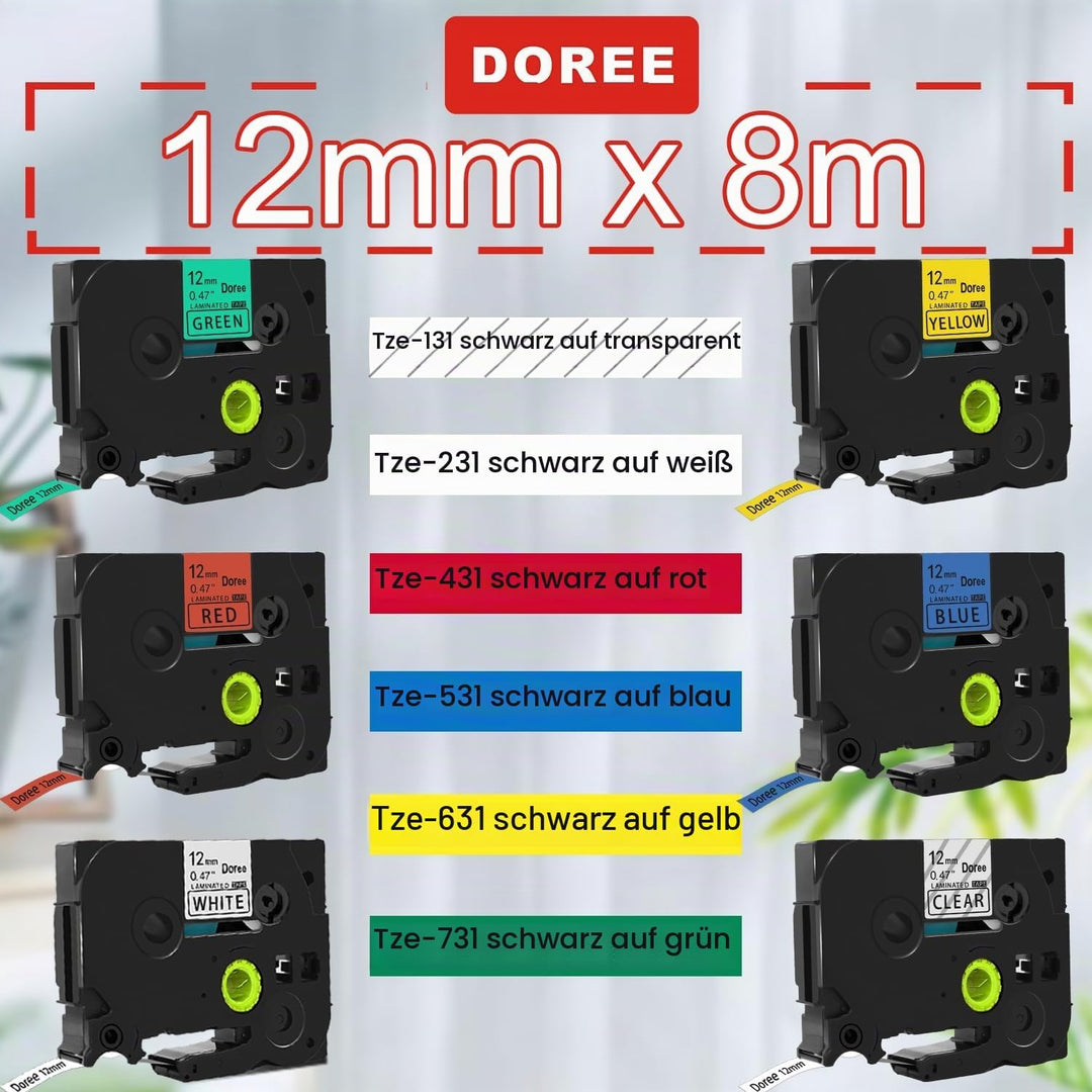 DOREE 6Pack Tze131,Tze231,TZe431,Tz531,Tz631,Tz731 UV-beständig bänder 12mm