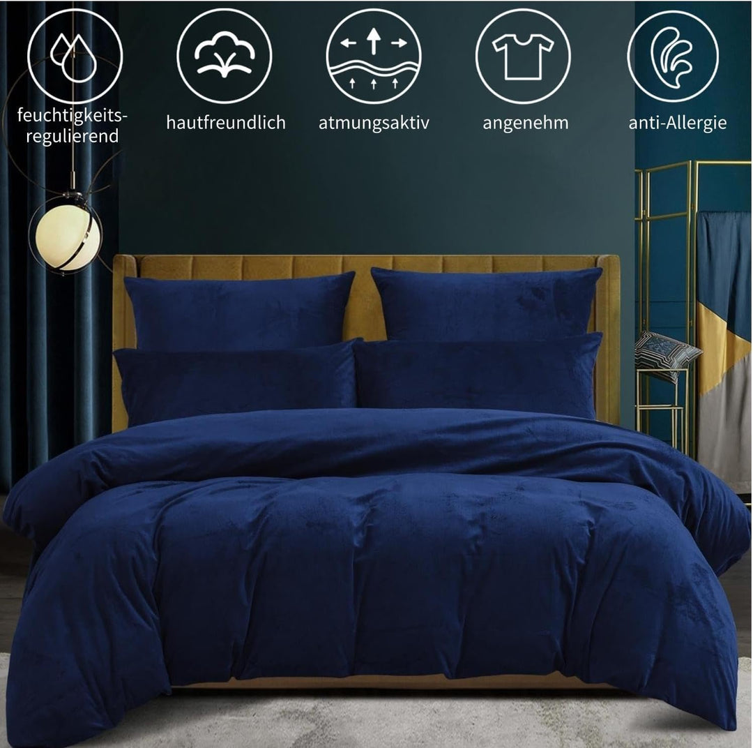 Boqingzhu Flanell Winter Bettwäsche 135x200cm 4Teilig Plüsch Biber Blau Dunkelblau Warm Kuschelig Fl