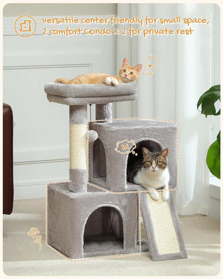 PETEPELA Kratzbaum 77cm mit Dual Condos für Wohnungskatzen, All-in-One-Katzenhaus mit gepolsterter S