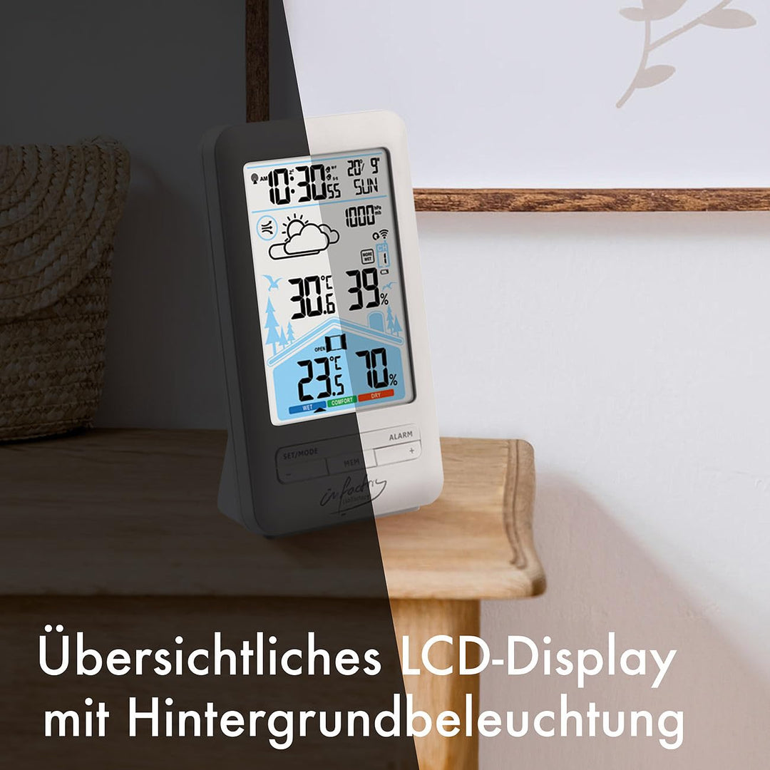 infactory Funkwecker: Funk-Wetterstation mit Aussensensor, Dual-Alarm-Wecker und Komfortindex (Uhr m