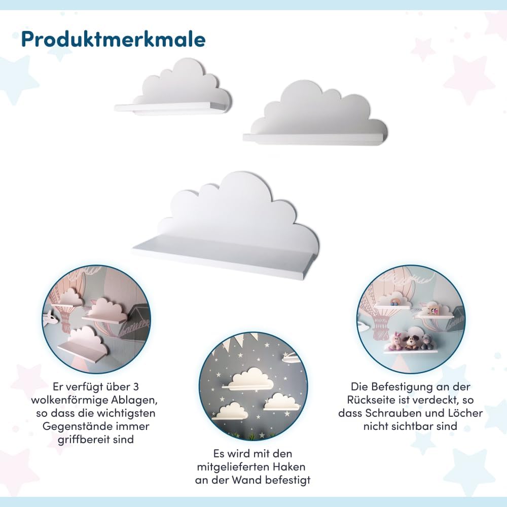3er Set Wandregal Kinderzimmer Weiss | Babyzimmer Wolkenregal für Bücher, Spielzeug, Dekoration | Re