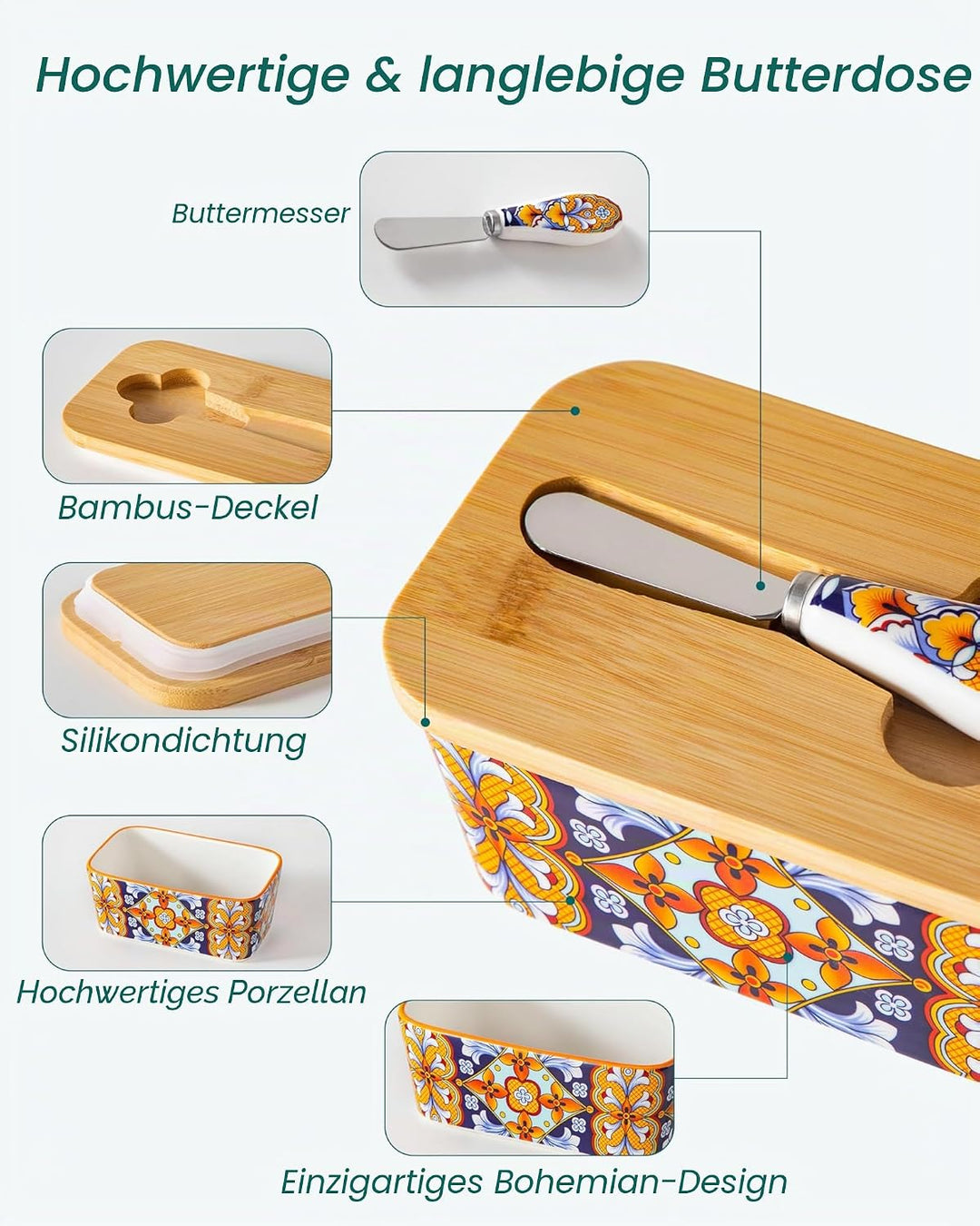 vancasso SIMI Butterdose Keramik, Hochwertige Butterglocke mit Messer und Holzdeckel, Butterdose Por