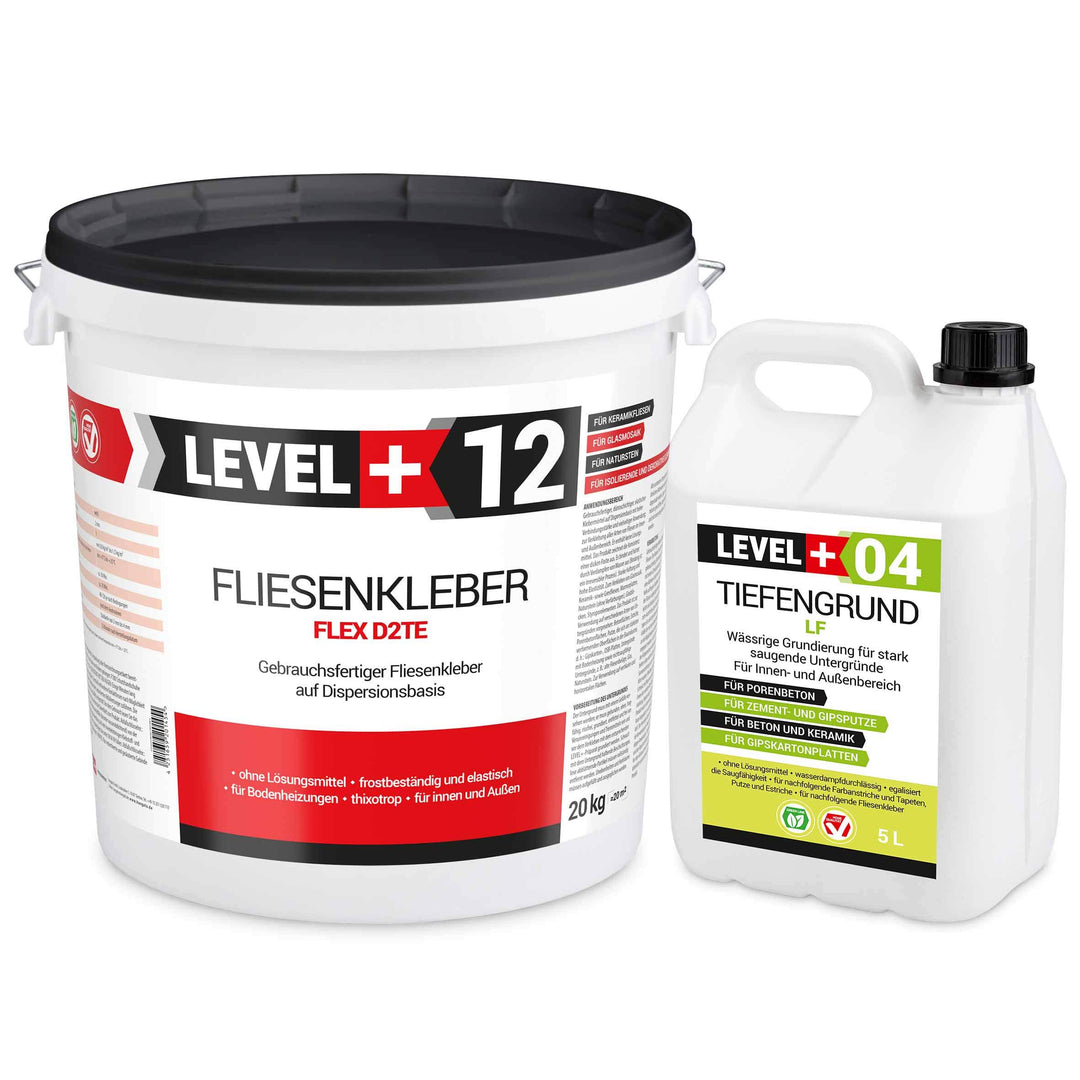 Set 20Kg Weiss Fertig Fliesenkleber Flexkleber + 5L Tiefengrund LF, LEVEL+ SET208