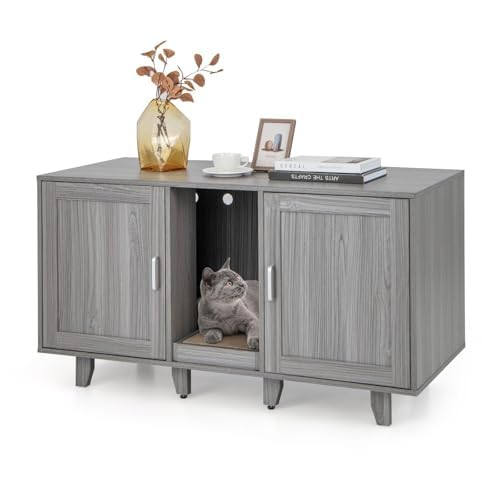 FANTASK Katzenschrank mit 2 Türen & Kratzbrett & Eingang, Katzenmöbel Beistelltisch für 2 Katzen, 12