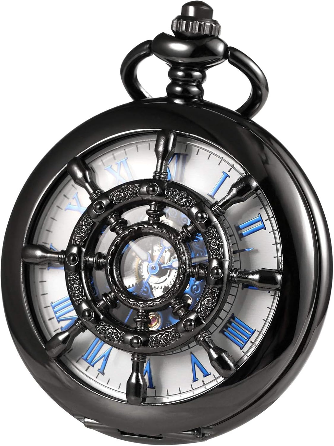 TREEWETO Unisex Taschenuhr mit Kette Analog Mechanisch Handaufzug Doppelscharnier Ruder Skelett Für