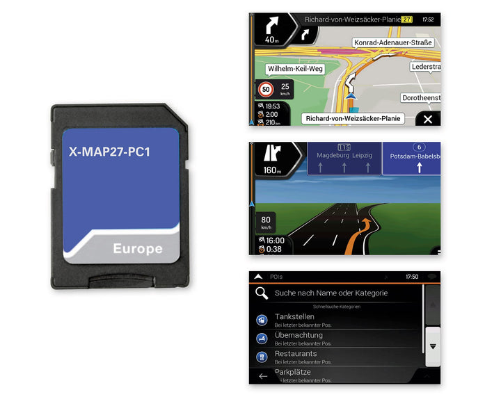 X-MAP27-PC1: Micro SD-Karte mit PKW Navigation für XZENT Infotainer X-427, Karten für Europa, Premiu