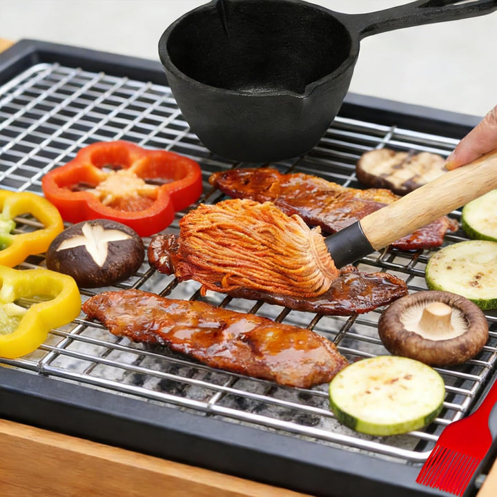Gusseisen Kochtopf, BBQ Mop Pinsel Set zum Grillen BBQ Basting Set mit Mini Gusseisen Sauce Topf und