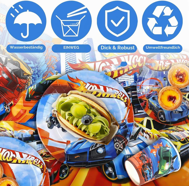 Rennauto Partygeschirr Set- Autos Pappteller Kindergeburtstag Deko Cars Partygeschirr Set Wheels Geb
