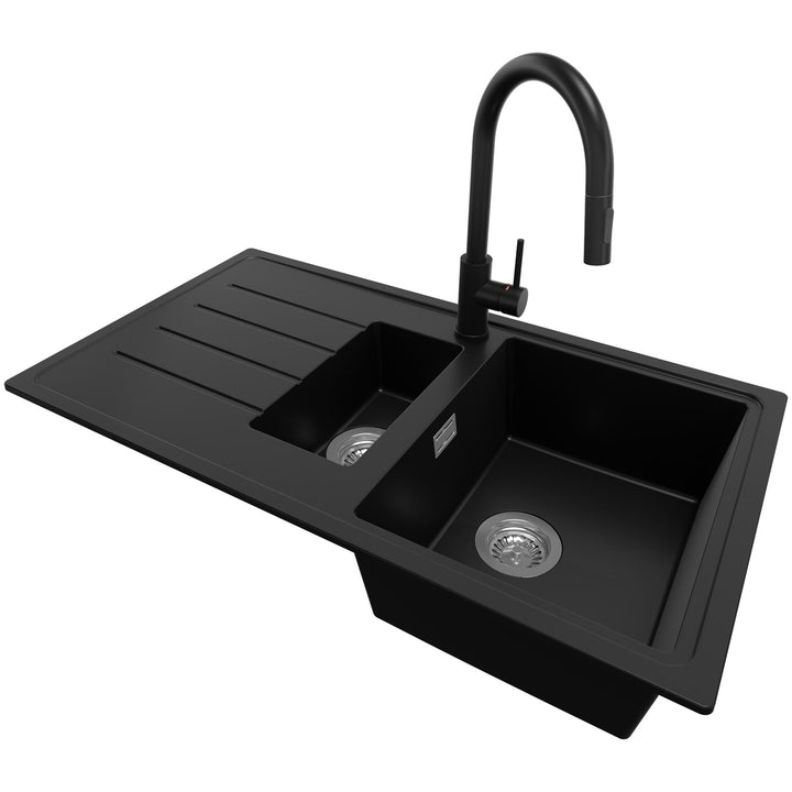 Granitspüle Schwarz 90 x 50 cm, Spülbecken + Küchenarmatur + Ablauf-Set, Küchenspüle ab 60er Untersc