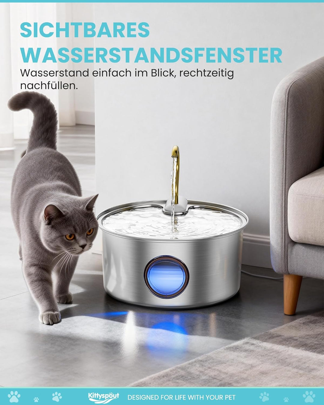 Kittyspout Katzenbrunnen 3.2L, Trinkbrunnen für Katze aus Edelstahl mit Schwänenhals-Design, Spülmas