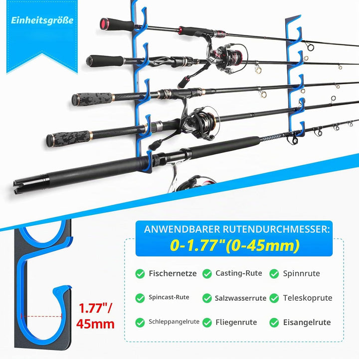 PLUSINNO H5 Horizontal Fishing Rod Holder, Fishing Rod Holder for Garage, Wall or Ceiling Mounting,