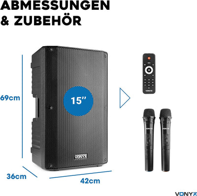 Vonyx VSA700 Partybox 1000W, Mobile PA Anlage Komplettset, Bluetooth Lautsprecher gross mit Akku, 2