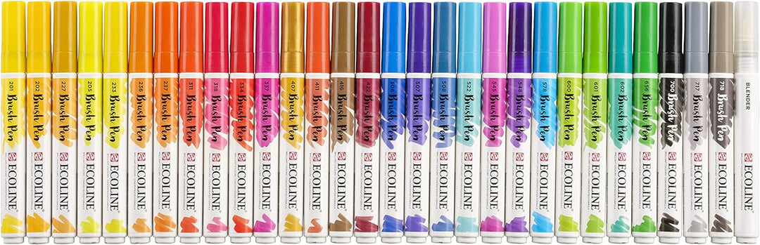 Ecoline Brush Pen-Set mit 30 flüssigen Aquarellstiften – Grundtöne | Mischbare Pinselstifte für Hand