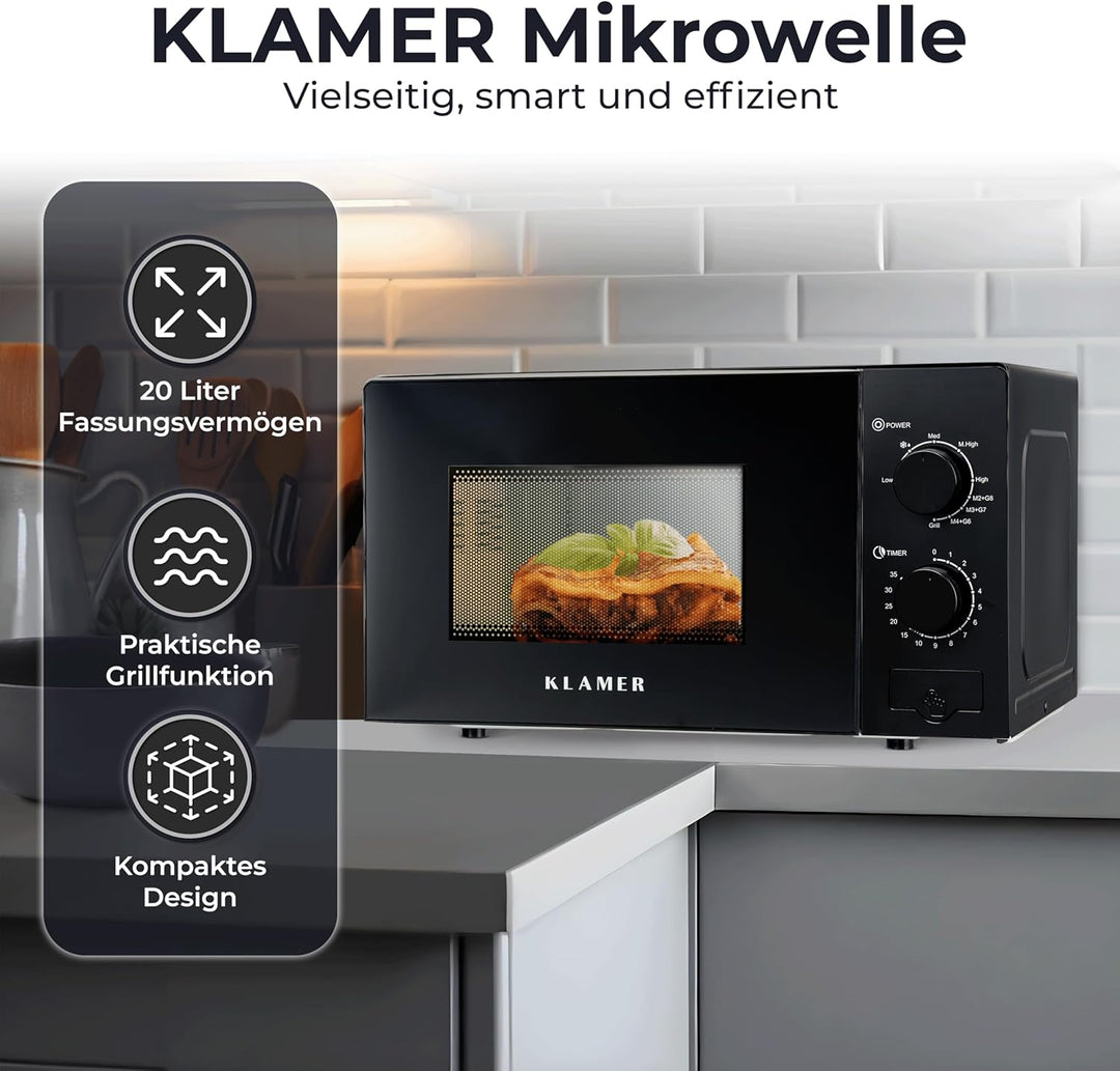 KLAMER Mikrowelle 20 Liter, 700 Watt, 9 Leistungsstufen inklusive Grill- und Auftaufunktion, 35-Minu