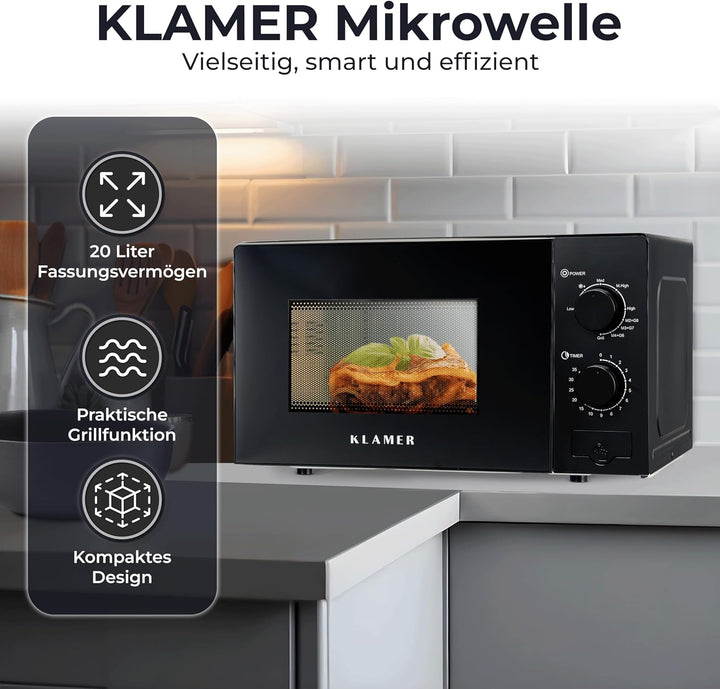 KLAMER Mikrowelle 20 Liter, 700 Watt, 9 Leistungsstufen inklusive Grill- und Auftaufunktion, 35-Minu