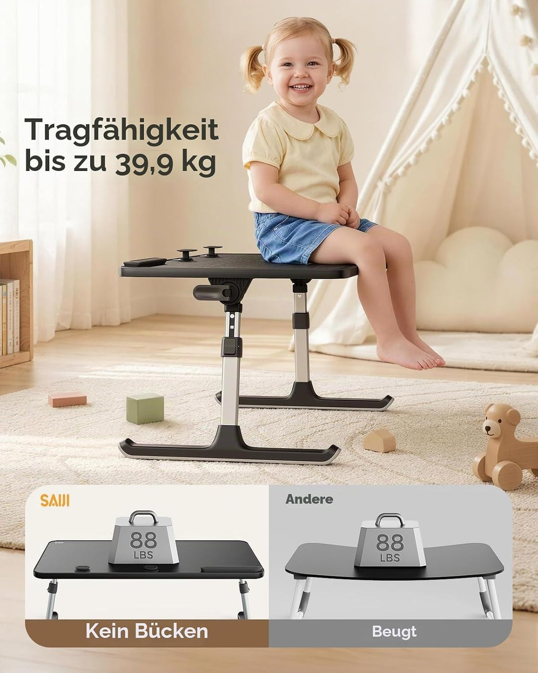 Tisch, Betttisch, SAIJI Laptop Ständer,Frühstückstablett, 5 Höhen, 4 Winkel, Stabiler Klapptisch für