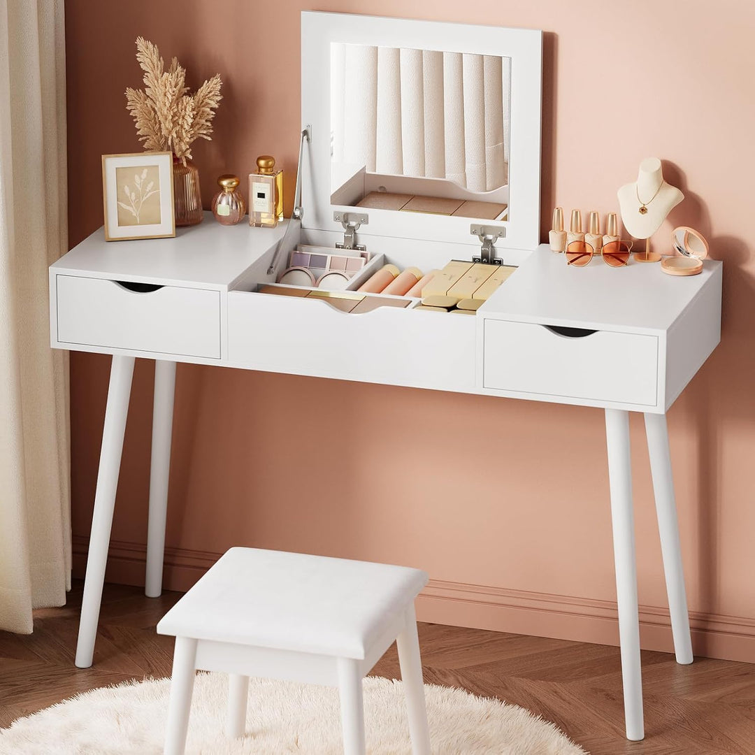 EUGAD Schminktisch mit Spiegel und Hocker, Frisiertisch mit Aufklappbarem Spiegel, 100x40x75cm, Schr