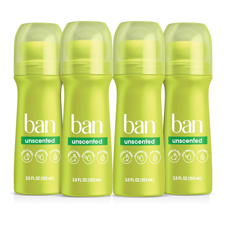 Ban Roll-On Antiperspirant Deodorant, Unscented, 3.5-Ounce Bottles (Pack of 4) by Ban