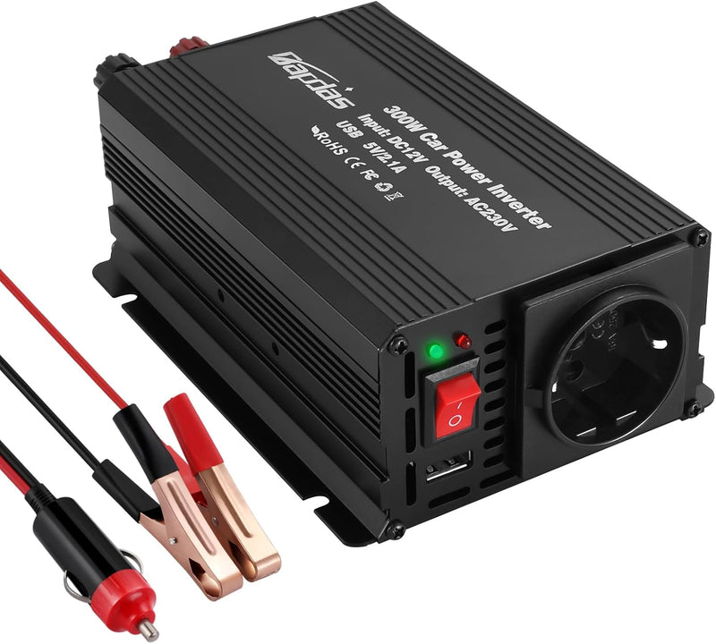 Bapdas 300W Wechselrichter DC 12 V auf AC 230 V Spannungswandler，USB-Anschlüssen (2,4A) für Auto, Wo