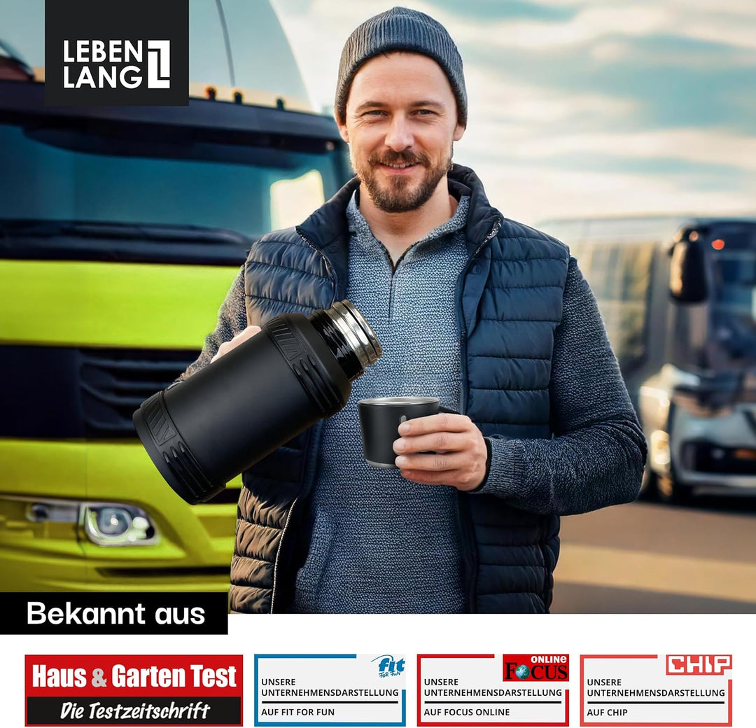 LEBENLANG Thermosflasche 2,5 Liter - 24h Heiss Inkl. Becher, Teesieb, Tragegurt I Trinkflasche Therm