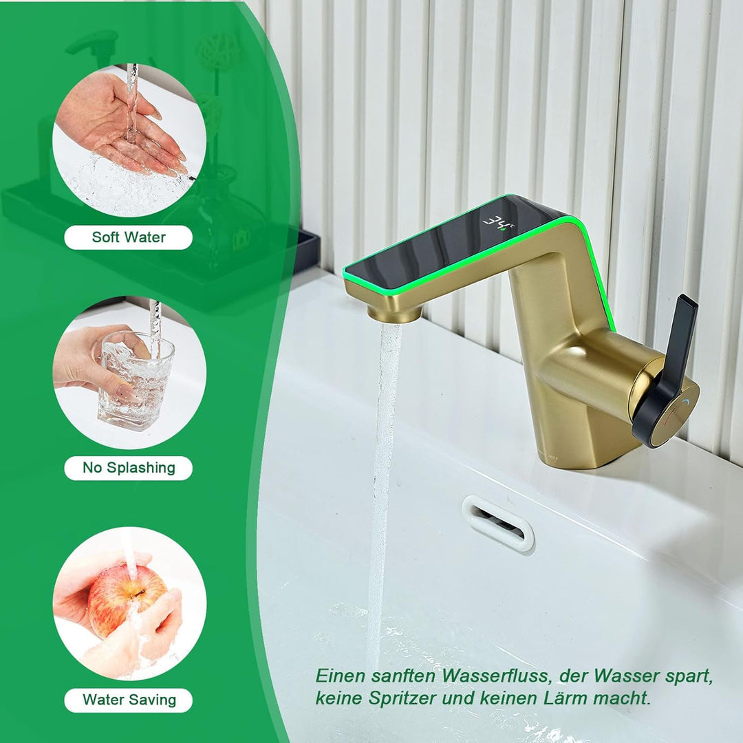 Wasserhahn Bad mit LED-Temperaturanzeige Badarmatur,Waschtischarmatur aus Messing Einhebelmischer Ba