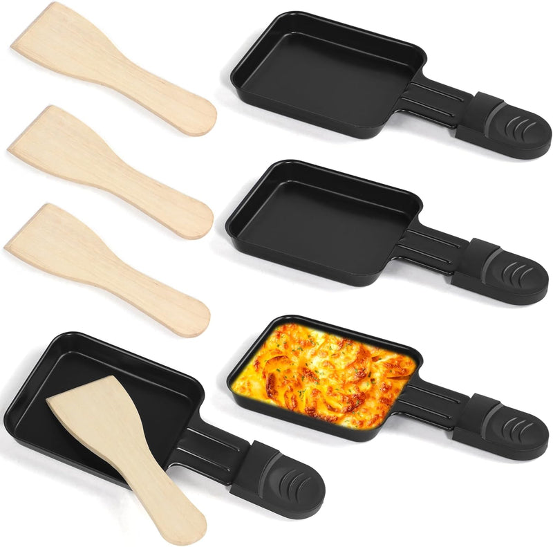 HengBO Raclette Pfännchen Set 4 Stück Mini Antihaftbeschichtet Raclette Pfännchen Ersatz mit 4 Holz