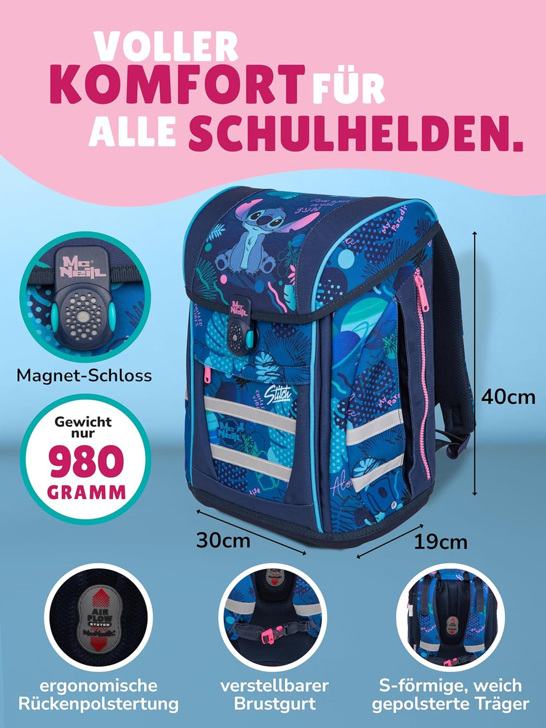 McNeill Mädchen Schulranzen 1. Klasse · Disney Lilo &amp; Stitch · ergonomischer Tornister · Schultasche
