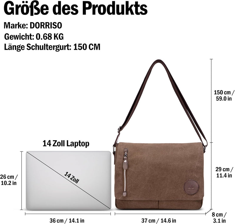 DORRISO Mode Umhängetasche Herren Schultertasche Canvas Schultertaschen für 14 Zoll Laptop Kuriertas