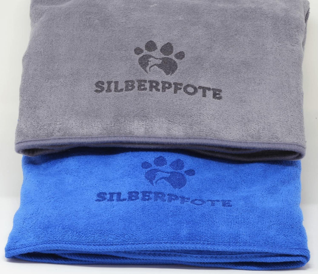 Silberpfote® Hundehandtuch Set - 2er Pack – Weich, Waschbar und Saugfähig - 130x75cm, Blau & Grau -