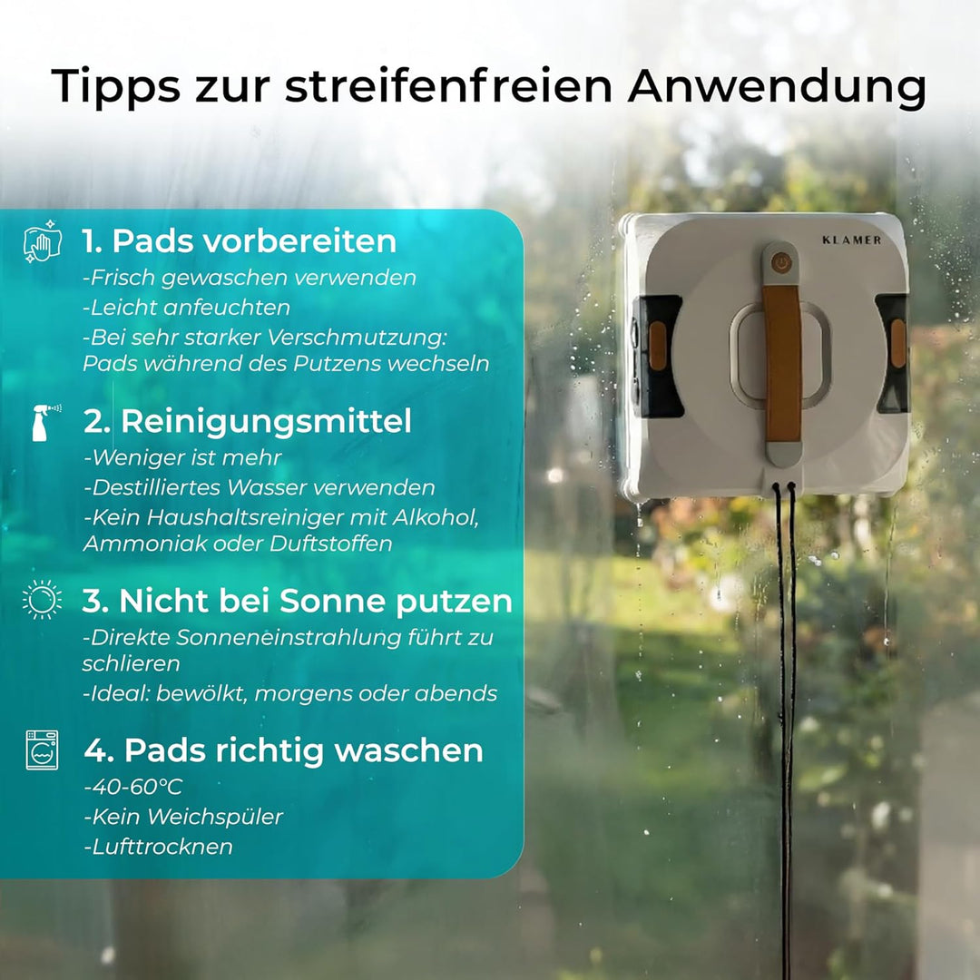 KLAMER Fensterputzroboter 3500 Pa – automatischer Fensterreiniger mit 100 ml Doppelwassertank, Nassr