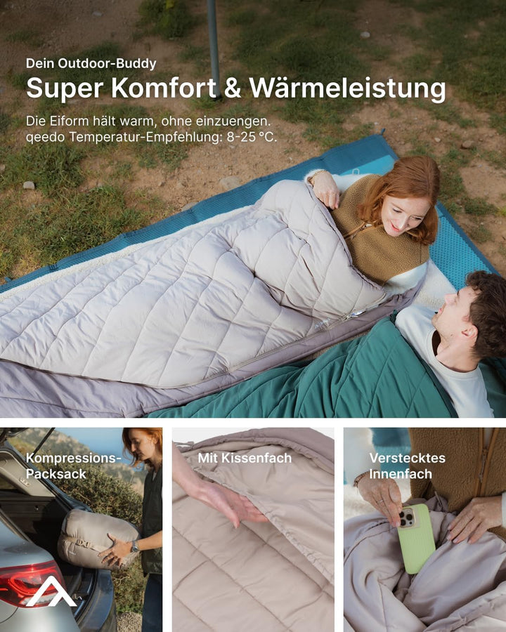 qeedo Buddy 8 Schlafsack Outdoor Sommer (8-25°C) 3 Jahreszeiten - Mumienschlafsack Erwachsene &amp; Juge