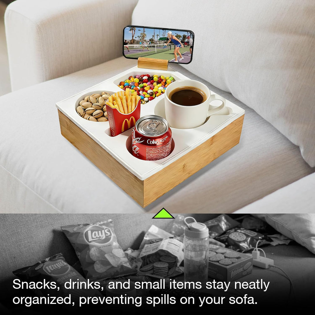 VINATO Couchtisch mit Snackbox, 360° drehbarer Handyhalter, Getränkehalter & Staufächern – Aus Bambu