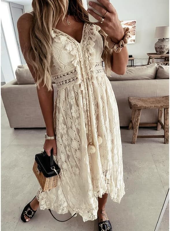 Damen-Maxikleid mit V-Ausschnitt, ärmellos, gestrickt, Spitze, Cutout, Schlinge, Rüschen, offener Rü