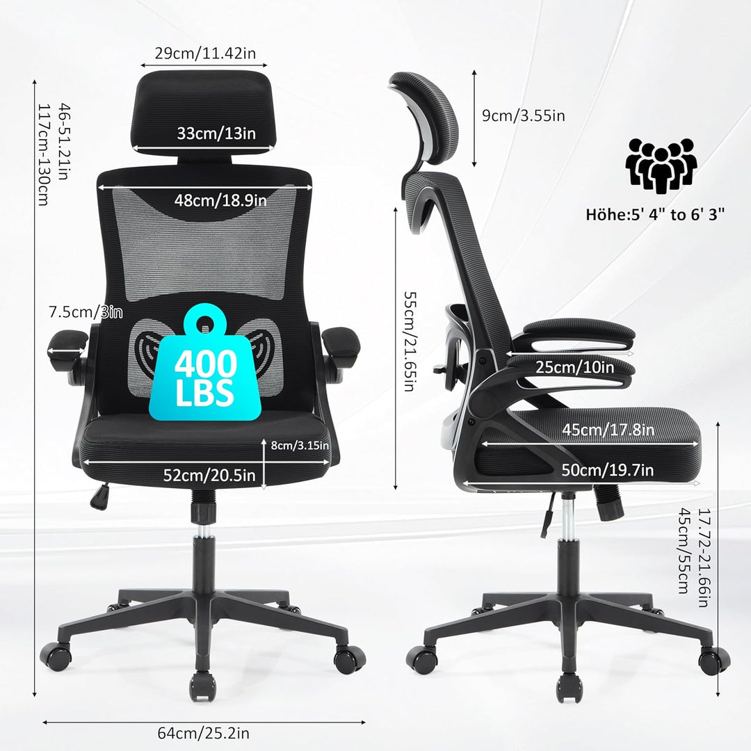 Fizzin Ergonomischer Gaming Bürostuhl Schwarz Schreibtischstuhl mit Verstellbarer Lendenstütze und K