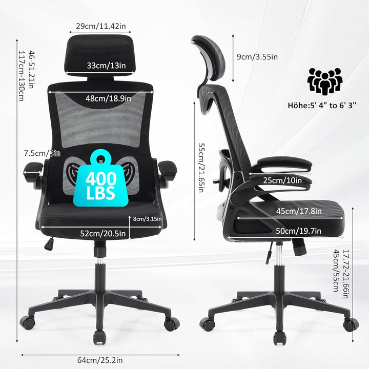 Fizzin Ergonomischer Gaming Bürostuhl Schwarz Schreibtischstuhl mit Verstellbarer Lendenstütze und K