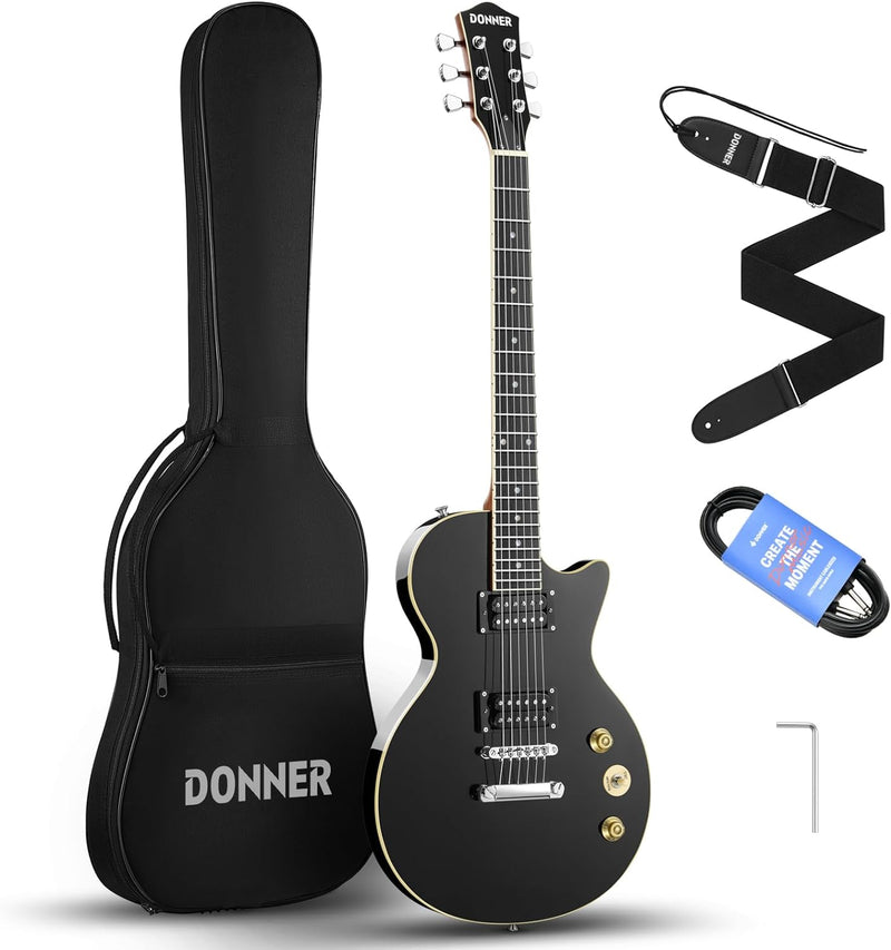 Donner E-Gitarre Set E Gitarren LP-Stil 39 Zoll Voller Grösse mit Tasche, Gurt, Kabel (Schwarz), Sch