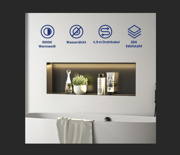 Wandnische Dusche Edelstahl, wasserdichte Nische mit LED-Licht, Eingebettete Duschnische 90x30x10cm,