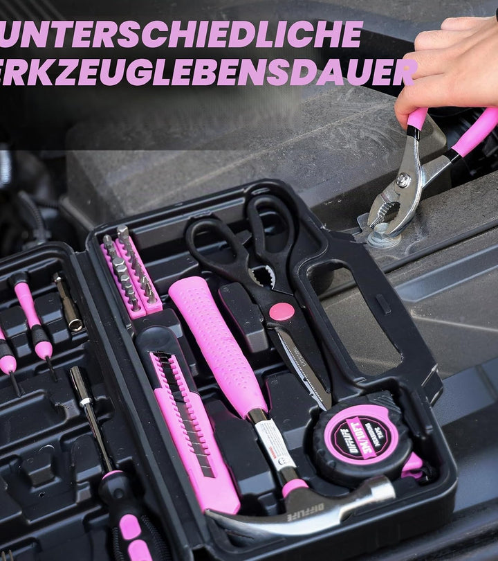 Werkzeug-Set, Pink, 40-teilig, allgemeines Haushalts-Handwerkzeug-Set mit Kunststoff-Werkzeugkasten,