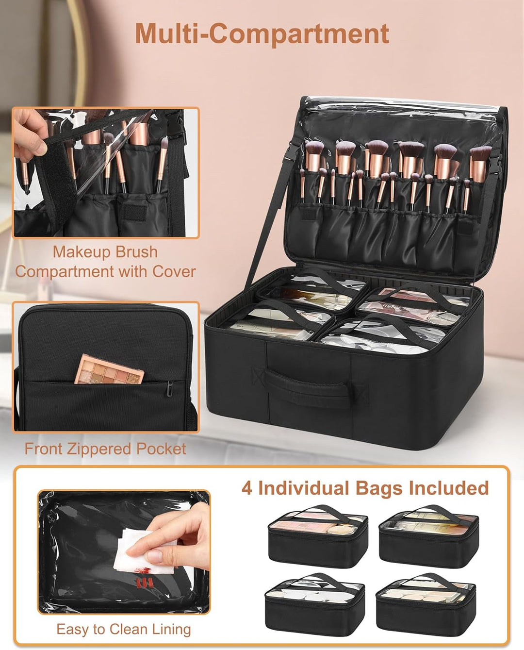 Relavel Make-up Rucksack XL, Profi Reise Make-up Koffer Set für Make-up-Künstler – Mit 4 transparent