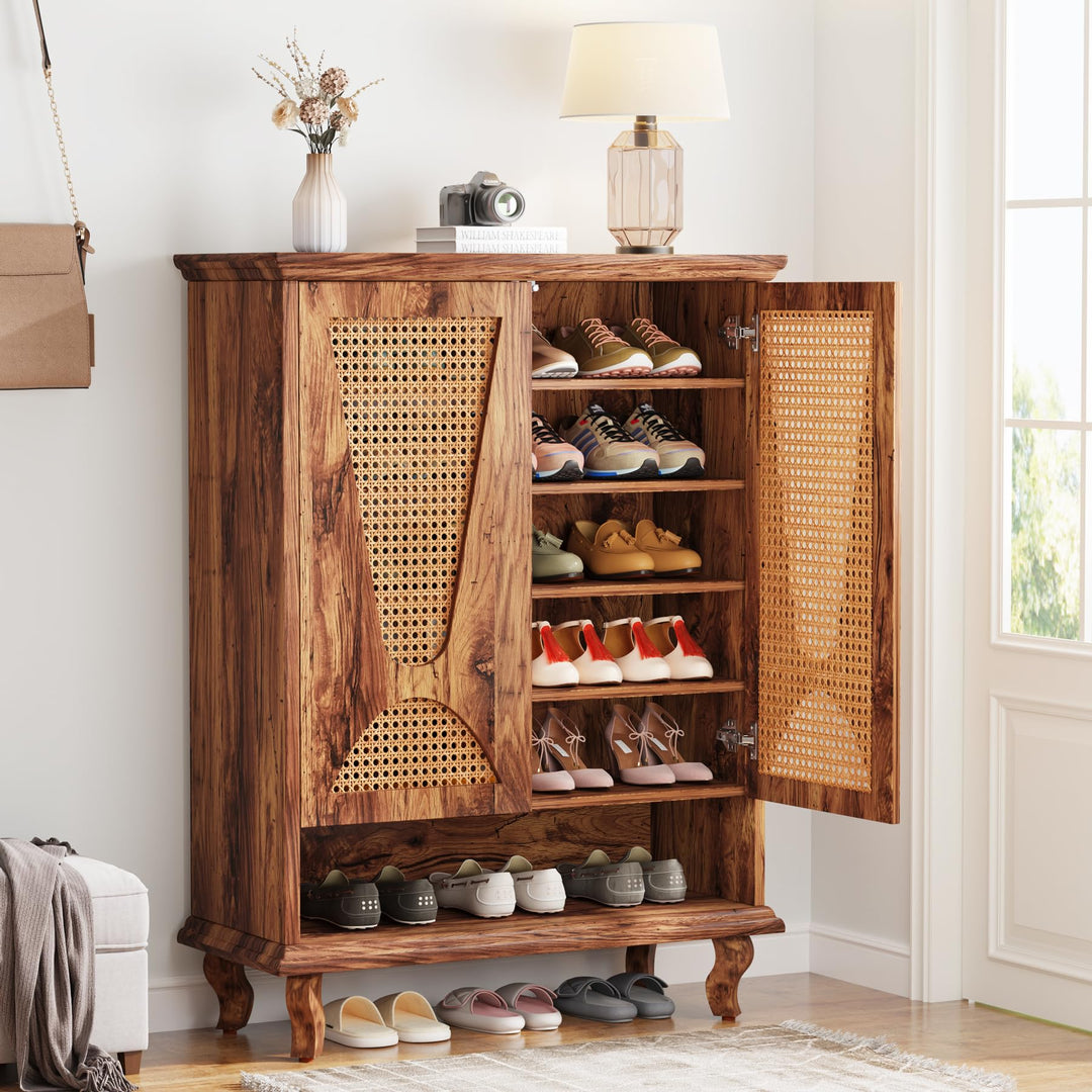 Tribesigns Rattan-Schuhschrank mit 2 Türen, 75x 37x 110cm, Schuhkipper schmal,7-stöckig Schuhregal f