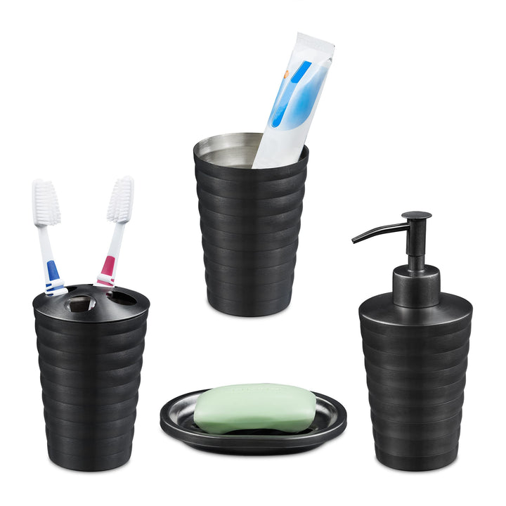 Relaxdays Badezimmer Set, 4-teilig, Seifenspender, Seifenschale, Zahnputzbecher, Zahnbürstenhalter,
