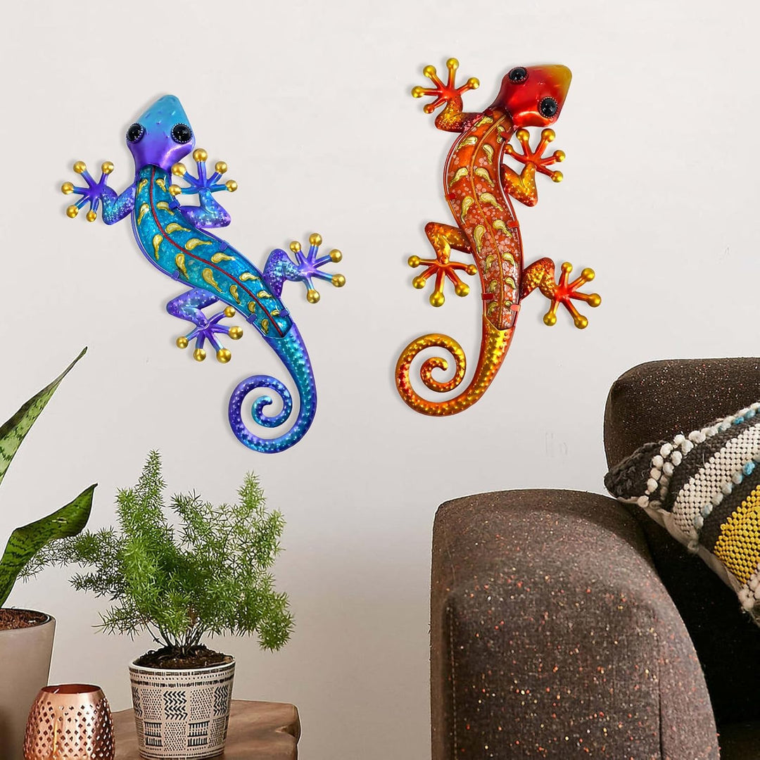 HONGLAND Metall-Gecko-Wandkunst, 38,1 cm, Eidechse, Outdoor-Dekoration, hängende Glas-Skulptur, 2 St