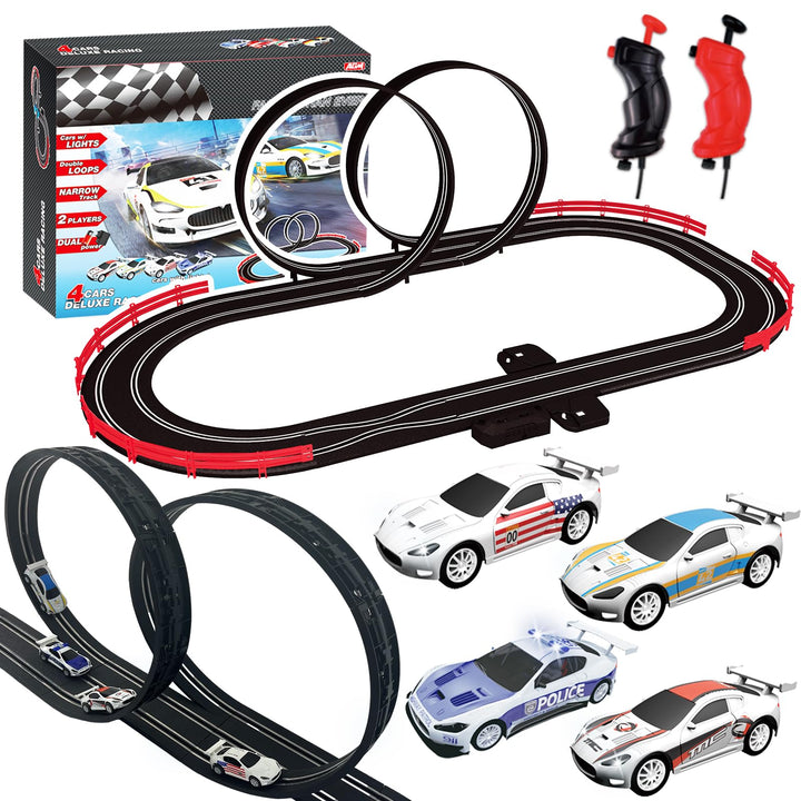 AGM MASTECH Slotcar-Rennbahn-Sets mit 4 exquisiten Slotcars, Batterie- oder Elektroautobahn, 2 Contr
